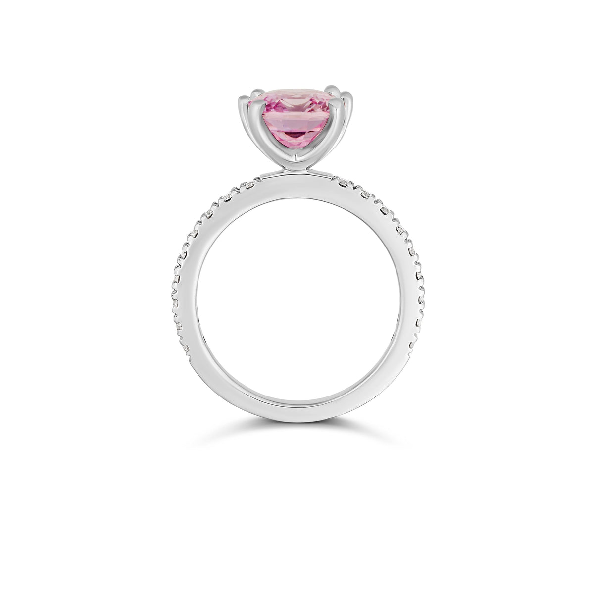Pink sapphire halo ring in platinum, side profile