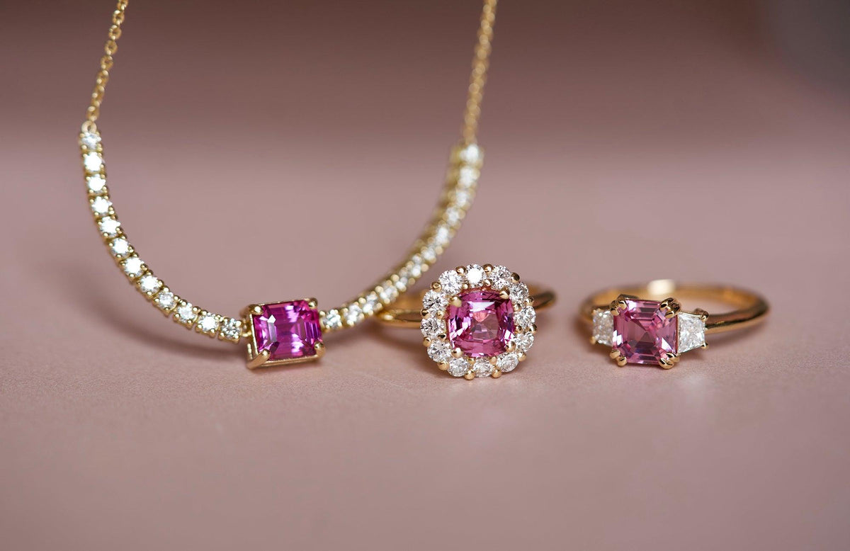 Pink sapphire necklace styled with matching rings