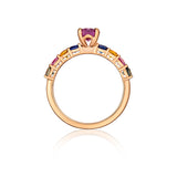 pink sapphire in rose gold with rainbow gems side profile