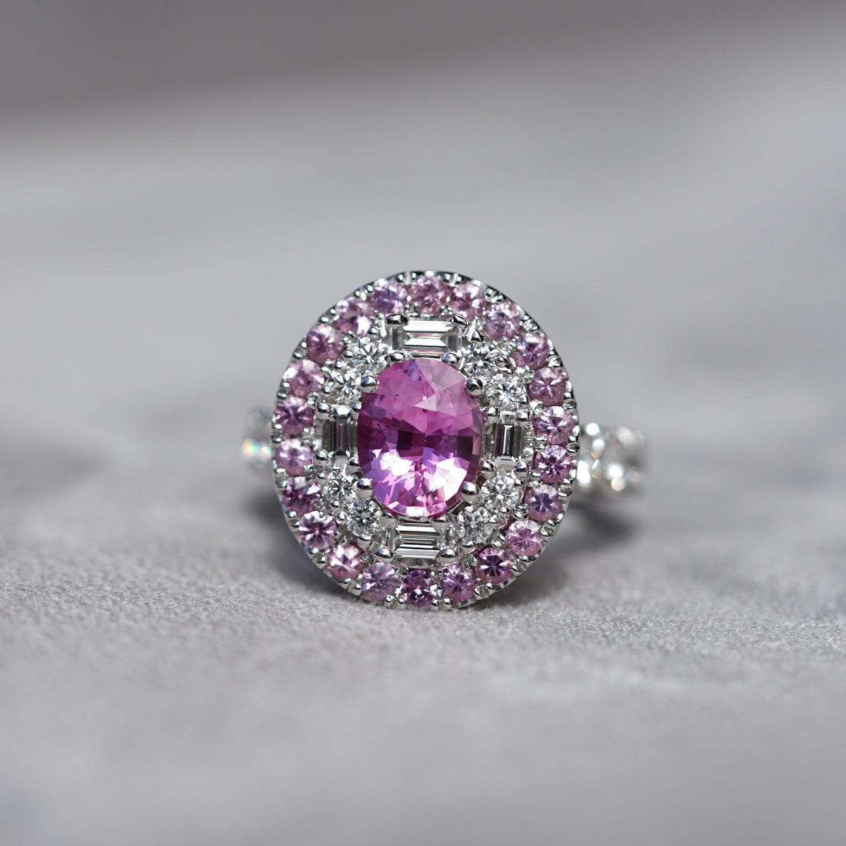 Pink Sapphire Diamond Double Halo Dress Ring
