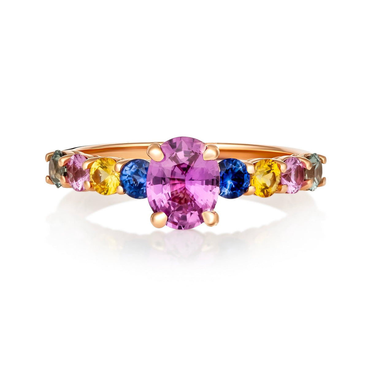 Madagascar pink sapphire in rose gold with rainbow gemstones