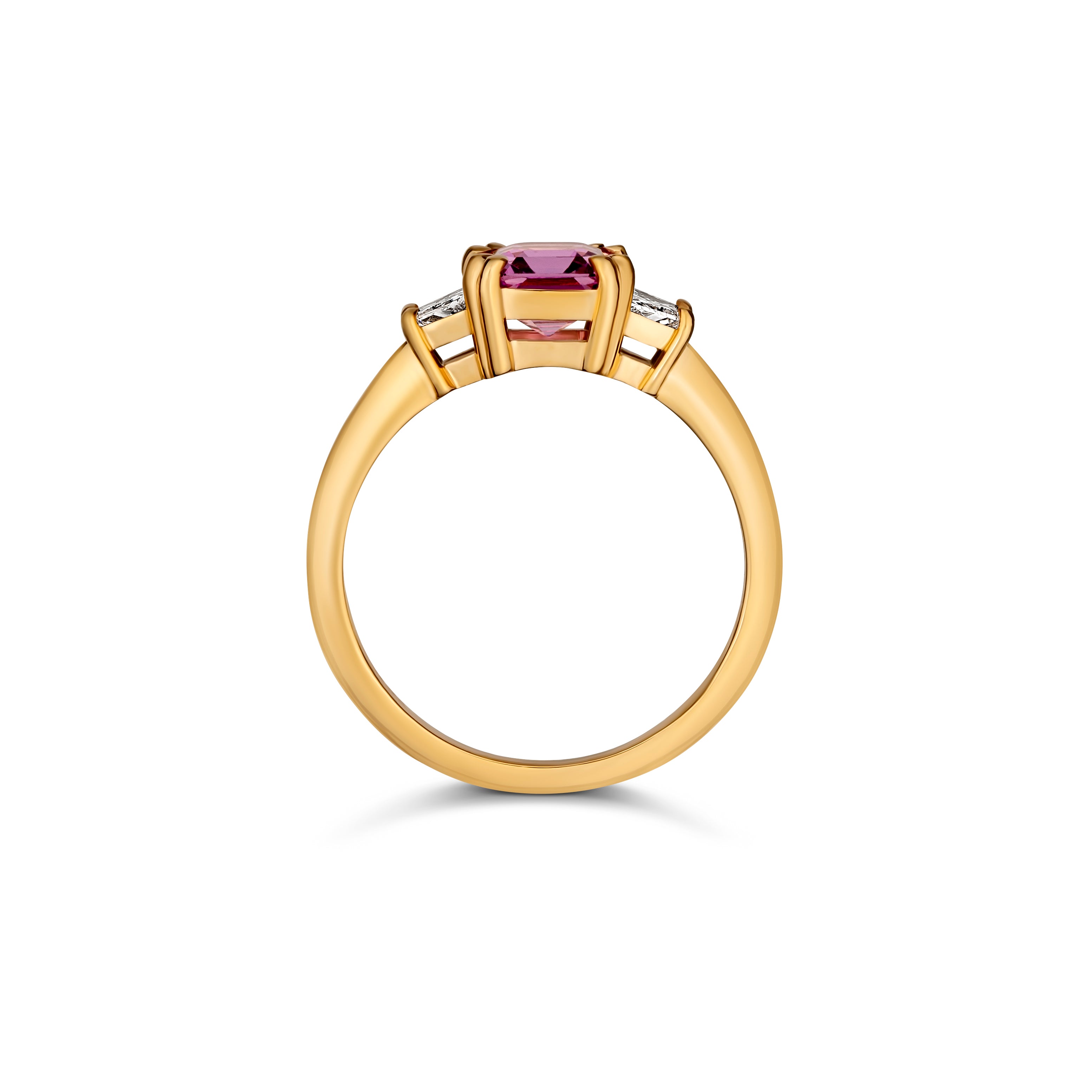Pink sapphire three stone engagement ring, profile