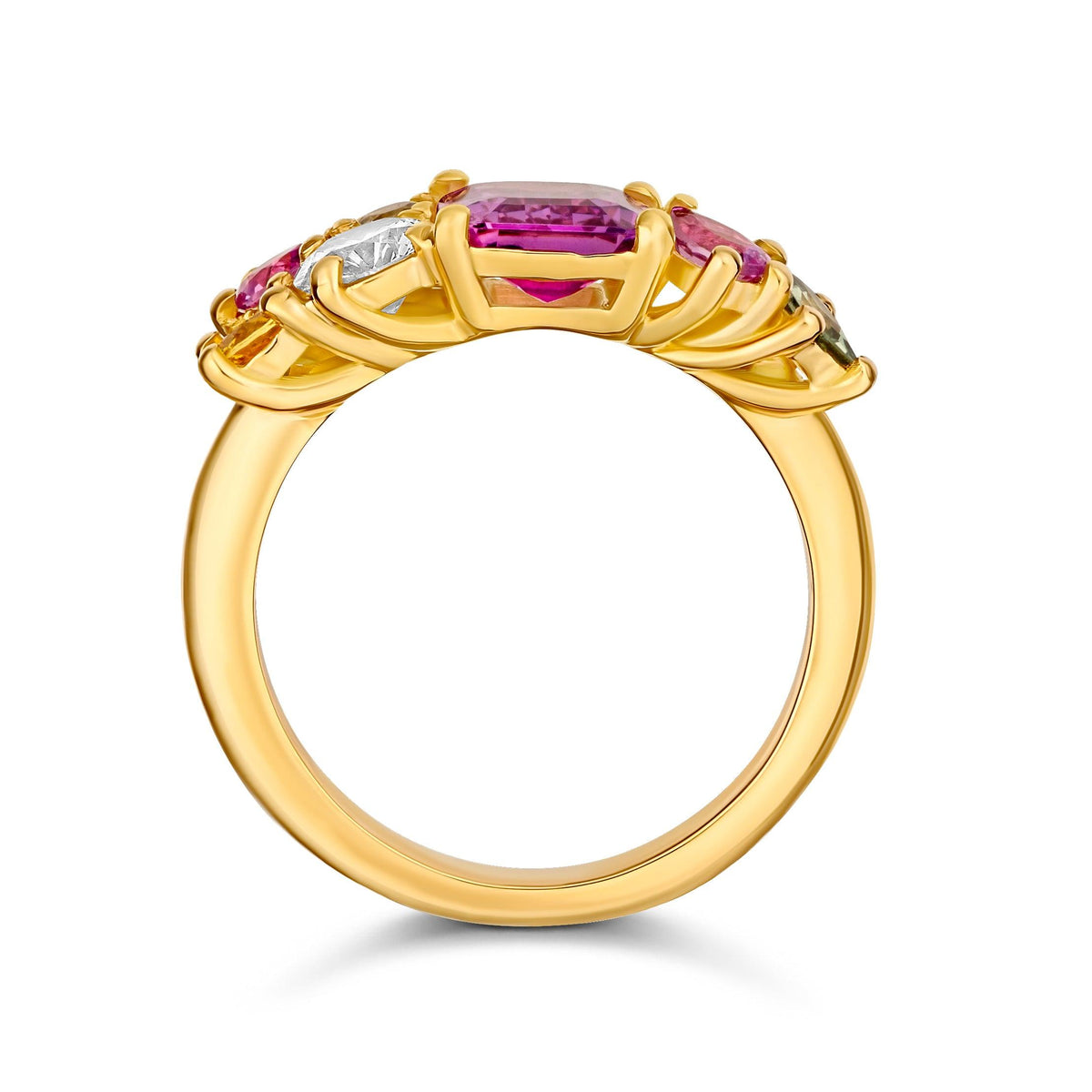 ring design with a cluster of sapphires in multiple colors