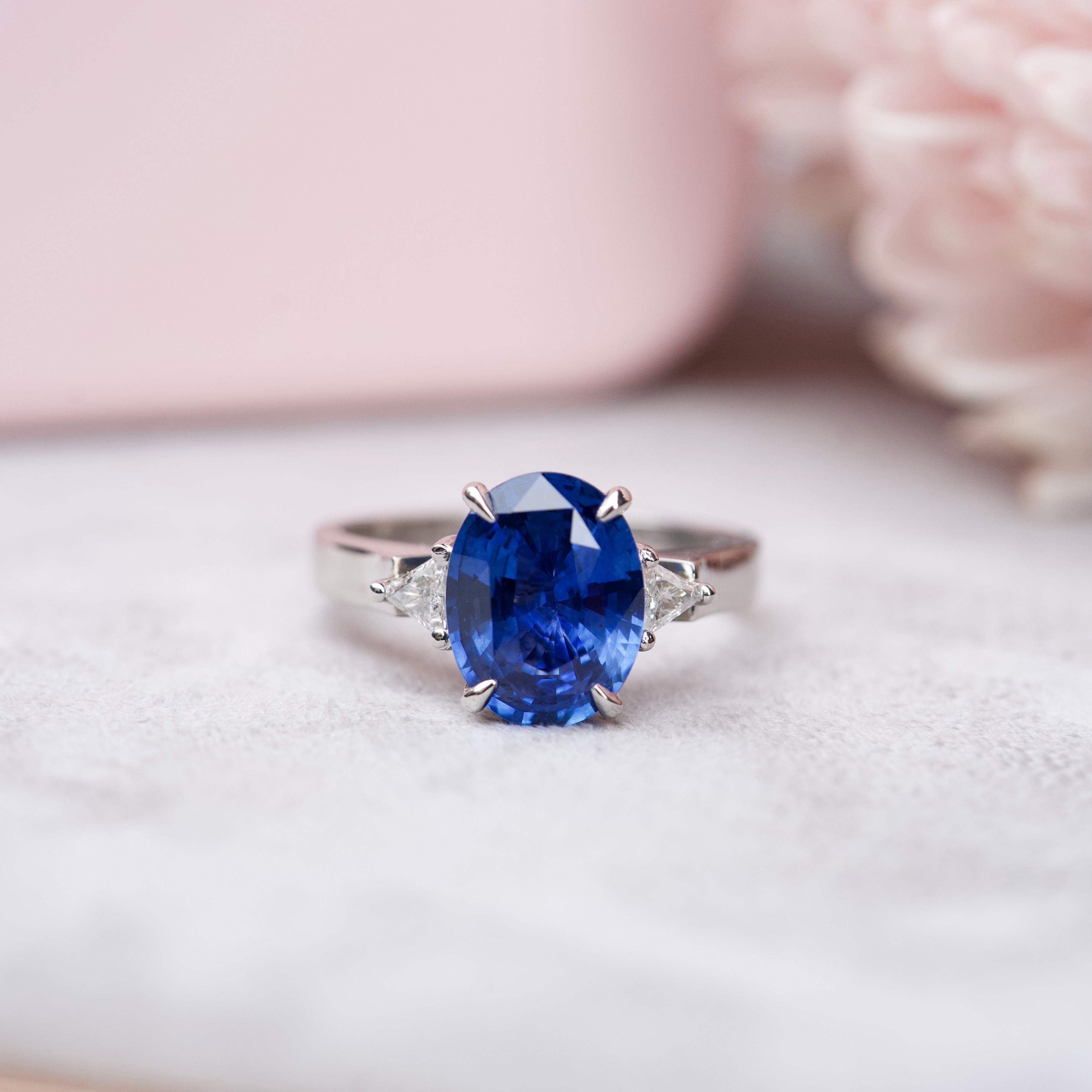 Ceylon Blue Sapphire Diamond Trilogy Platinum Ring 5.02 ct