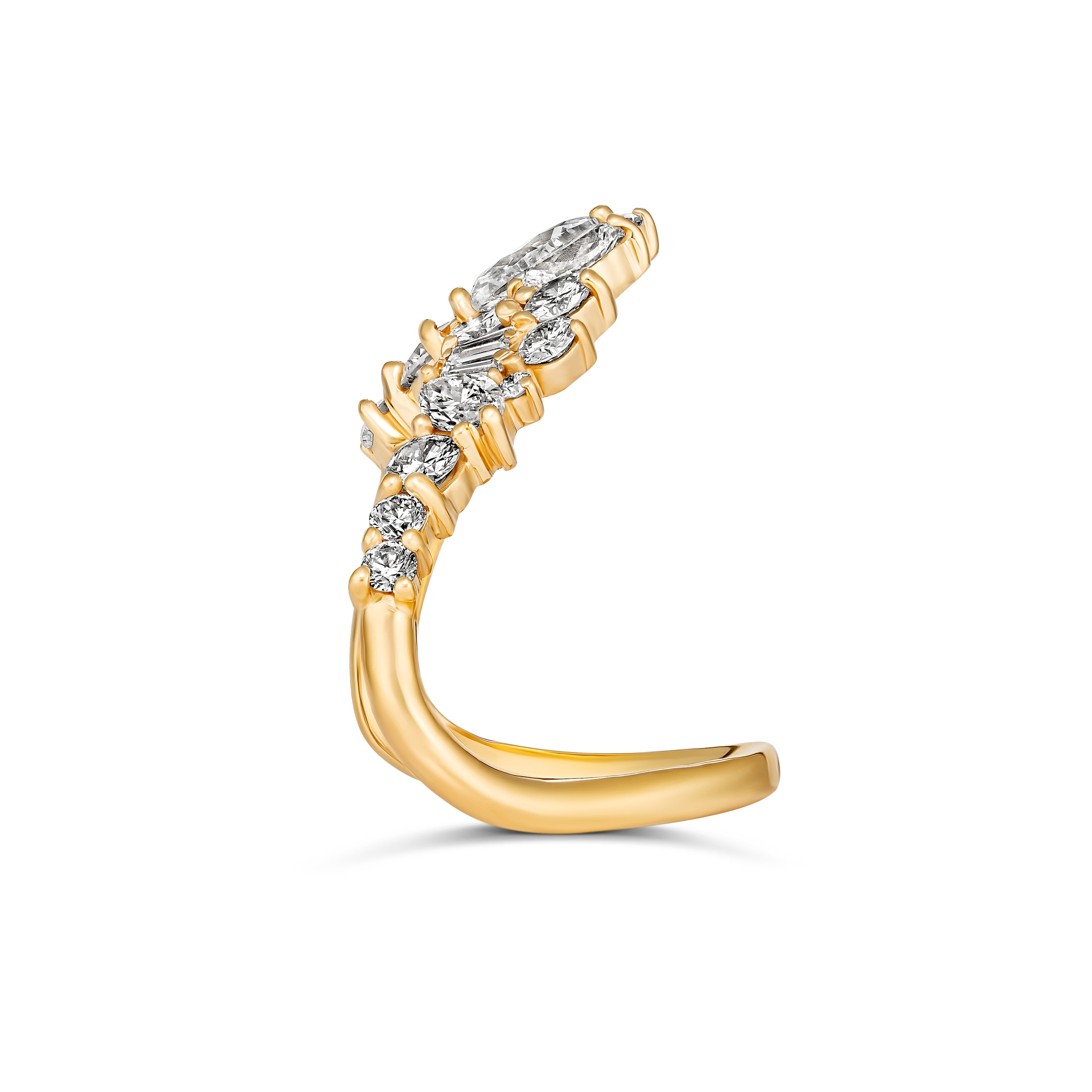 Side profile detail of a yellow gold curved diamond cluster band showing the varied stone heights