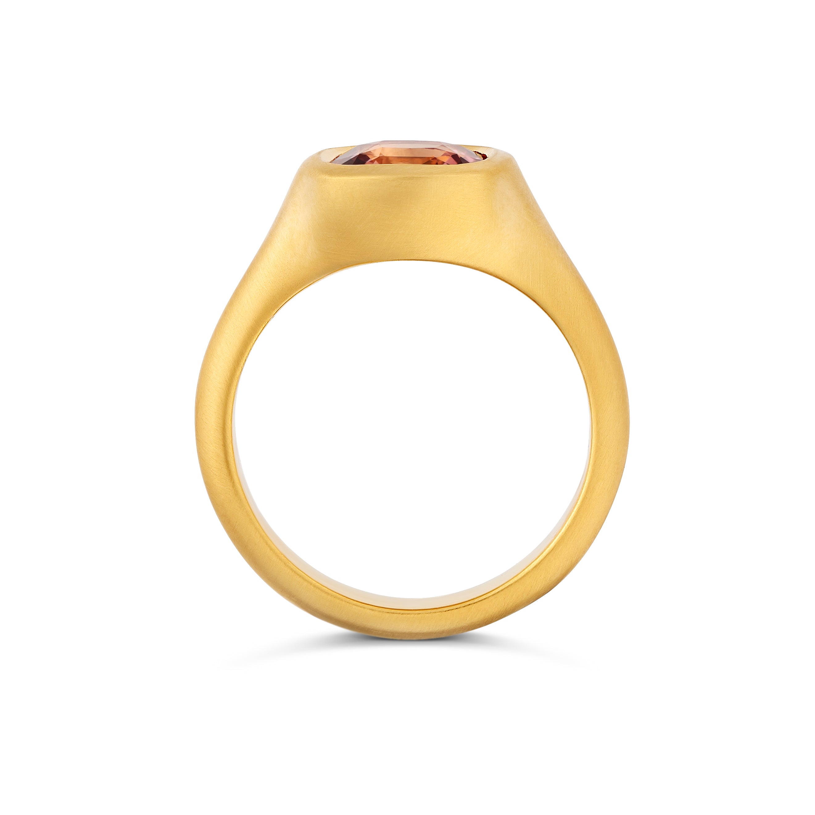 Padparadscha Sapphire Solitaire Signet Ring Brushed Satin Yellow Gold