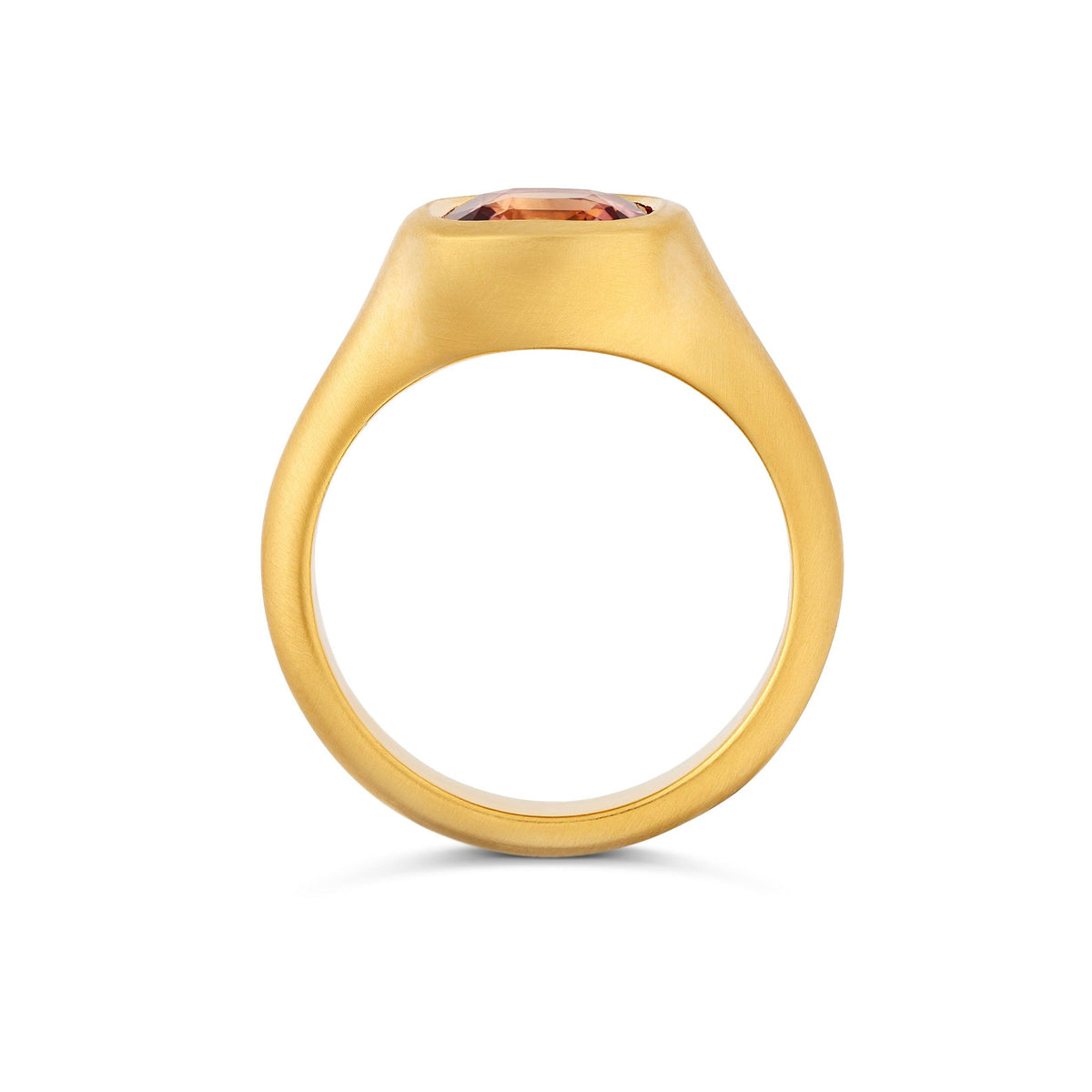 Padparadscha Sapphire Solitaire Signet Ring Brushed Satin Yellow Gold