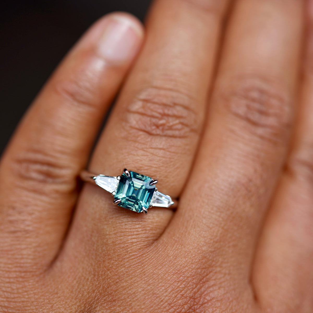 Natural Teal Green Sapphire and Diamond Trilogy Ring