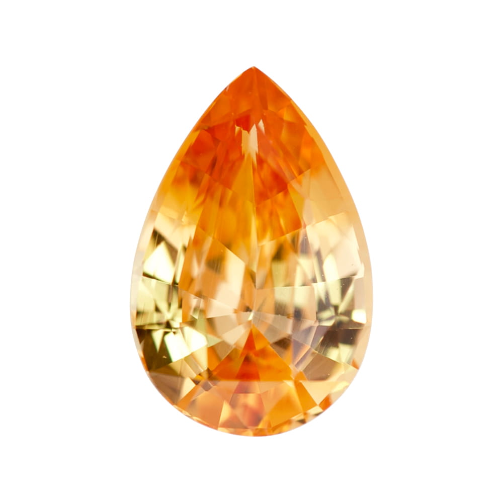Pear-shaped mixed-cut yellowish-orange sapphire with vibrant warmth.