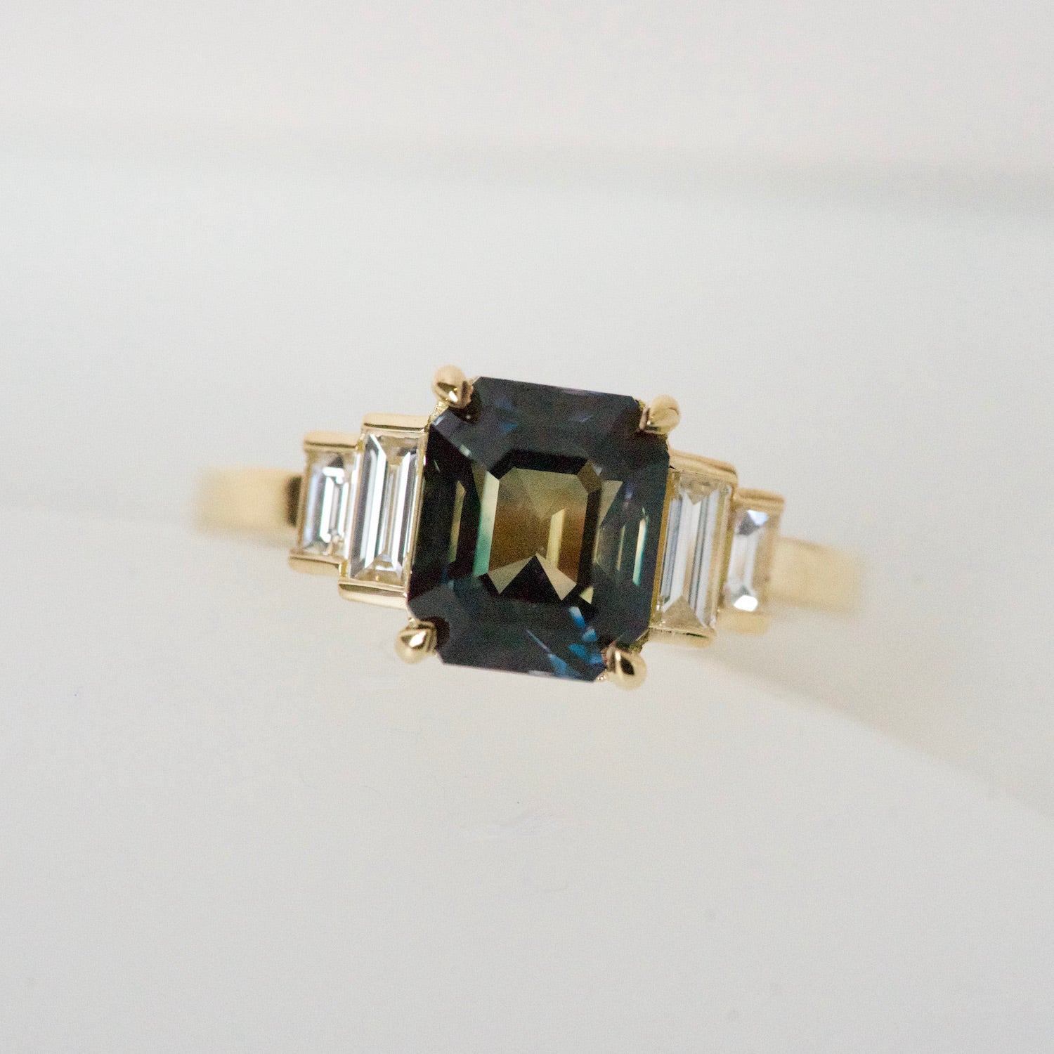 Teal Sapphire Diamond Art Deco Style Ring