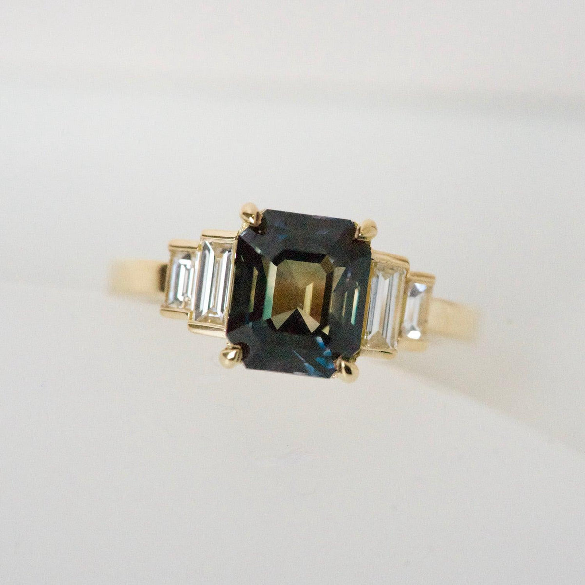 Teal Sapphire Diamond Art Deco Style Ring
