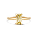 Emerald cut yellow sapphire ring in 18k gold, top view
