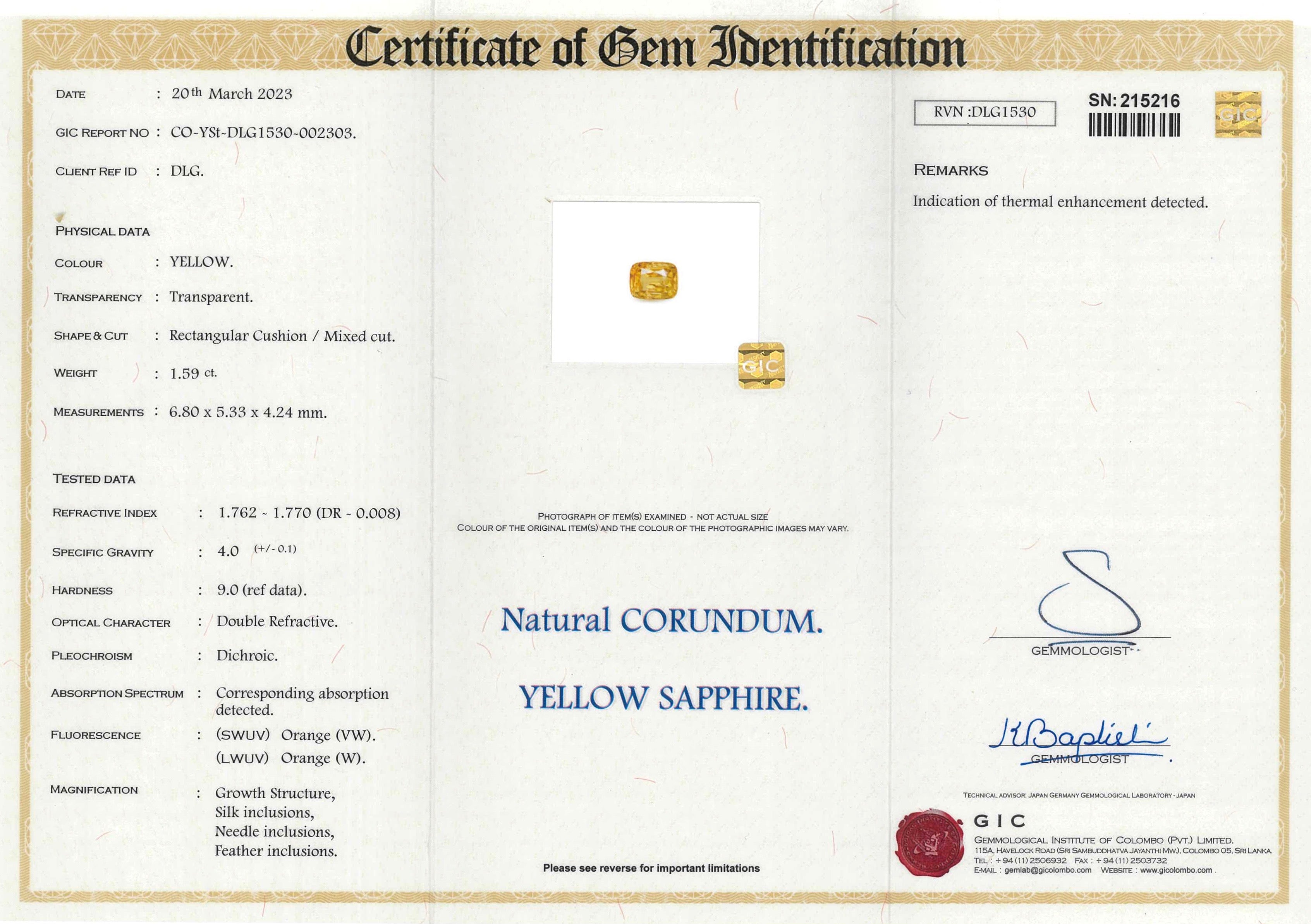 1.59 ct Yellow Sapphire Cushion Shape Natural Heated Gems