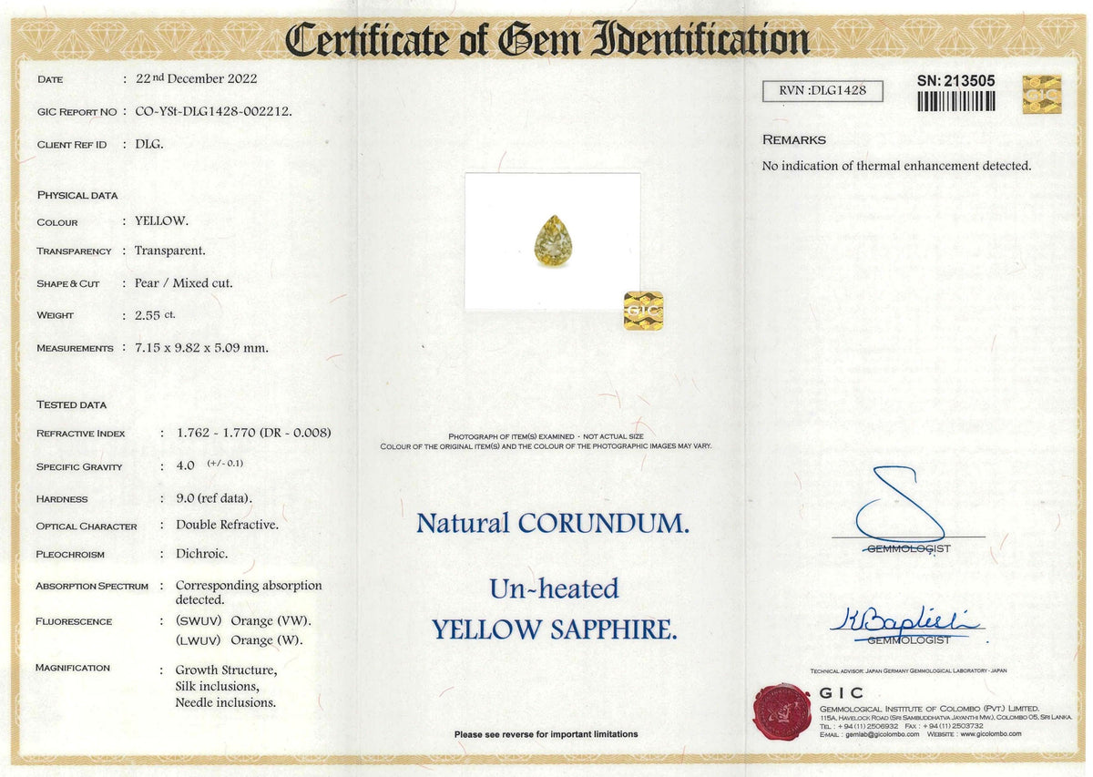 2.55 ct Champagne Yellow Sapphire Pear Natural Unheated Gems