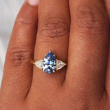 Pear Blue Sapphire Trillion Trilogy Yellow Gold Engagement Ring