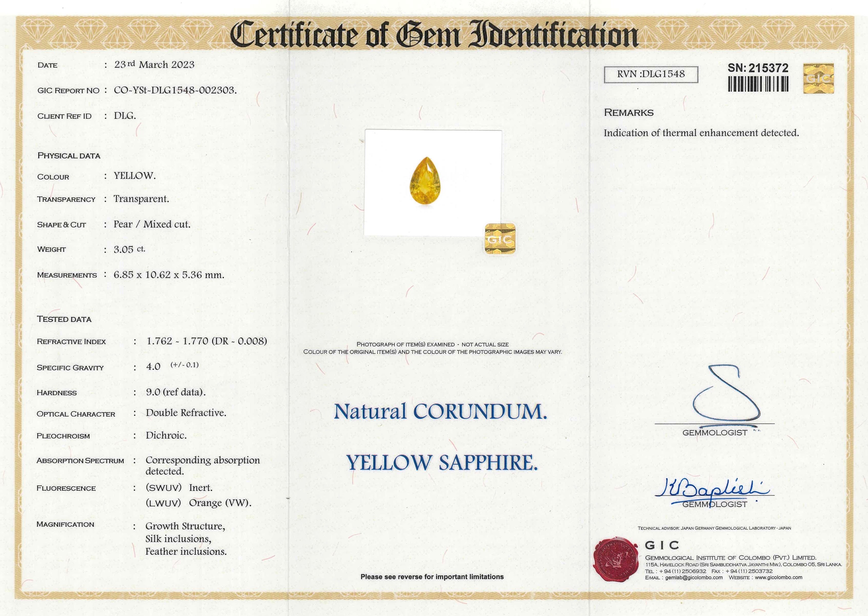 3.05 ct Yellow Sapphire Pear Shape Natural Heated Gemstones