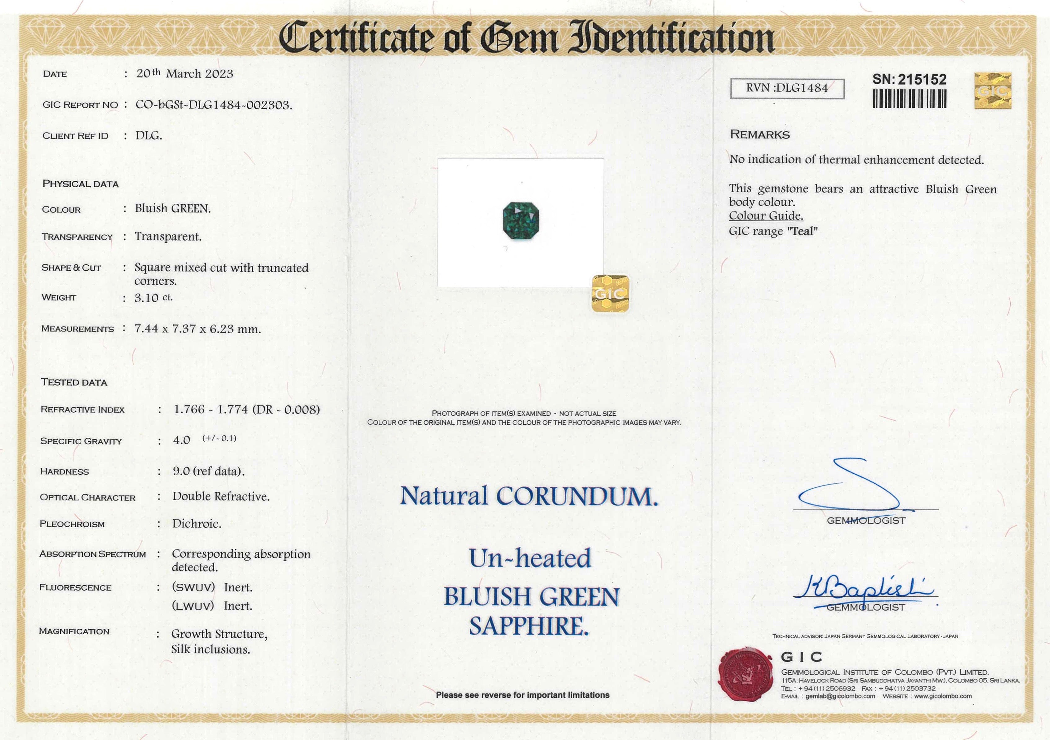 3.10 ct Teal Sapphire Square Cut Natural Unheated Gemstones