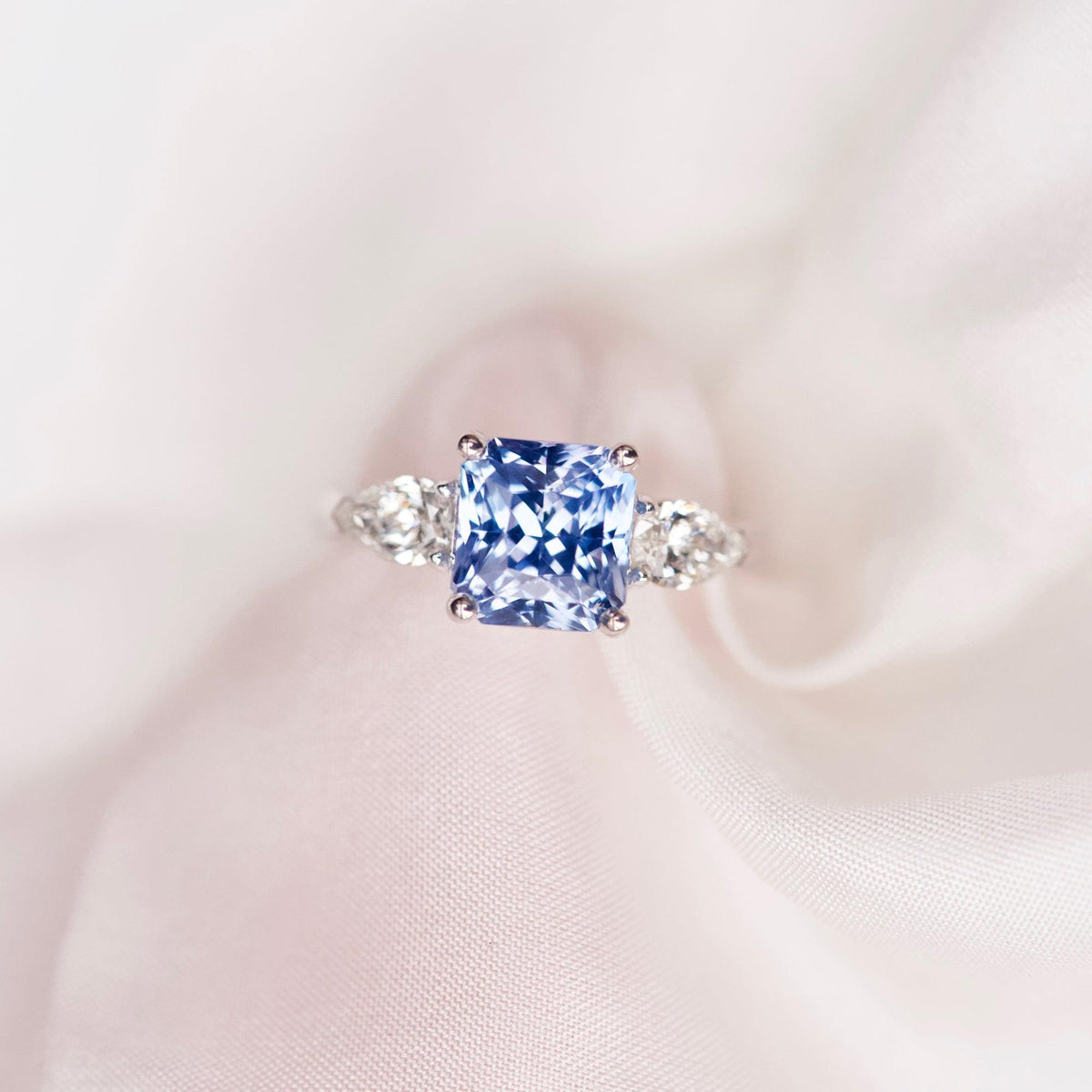 Ceylon Blue Sapphire Trilogy Engagement Ring