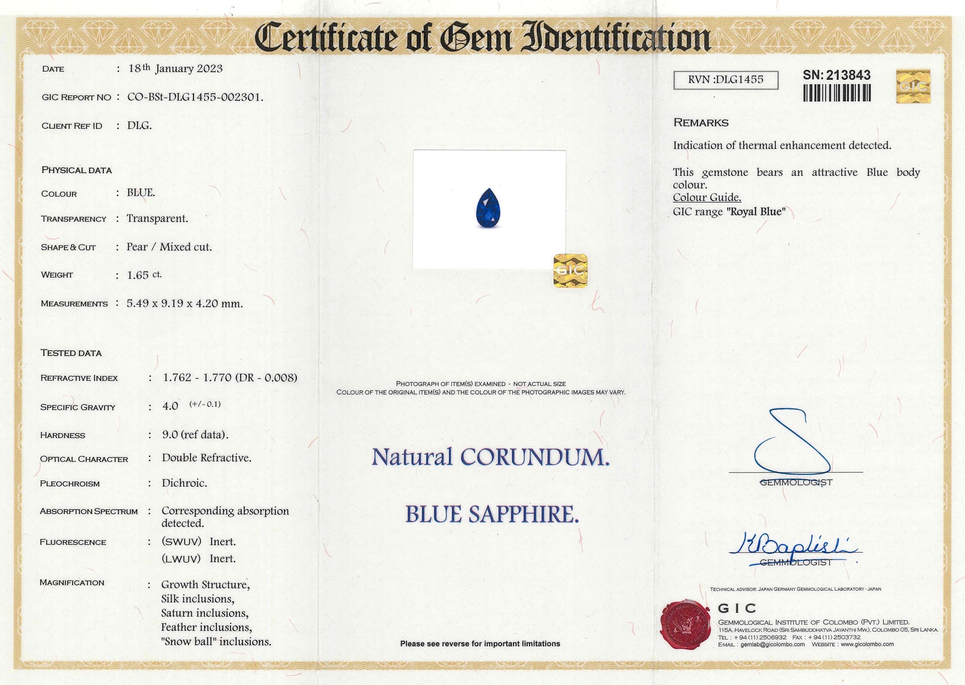 1.65 ct Royal Blue Sapphire Pear Shape Natural Heated Gems