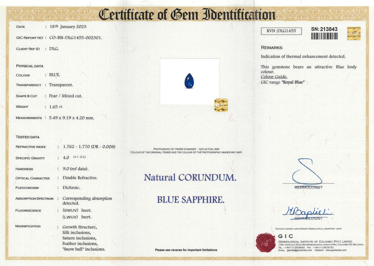 1.65 ct Royal Blue Sapphire Pear Shape Natural Heated Gems