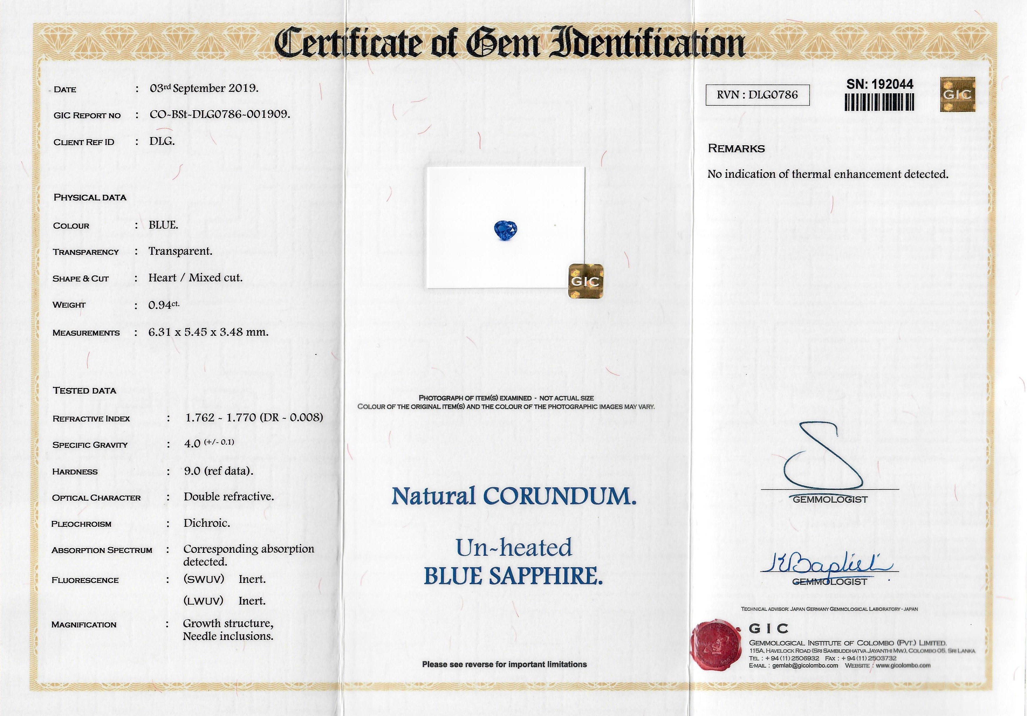 0.94 ct Heart Sapphire Violet Blue Natural Certified Unheated