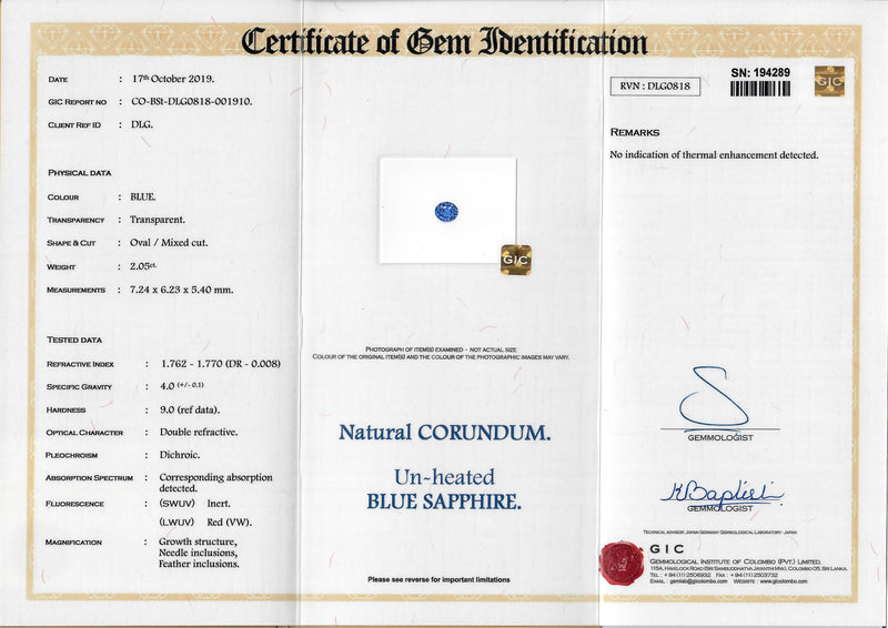 2.05 ct Cornflower Blue Sapphire Oval Certified Unheated