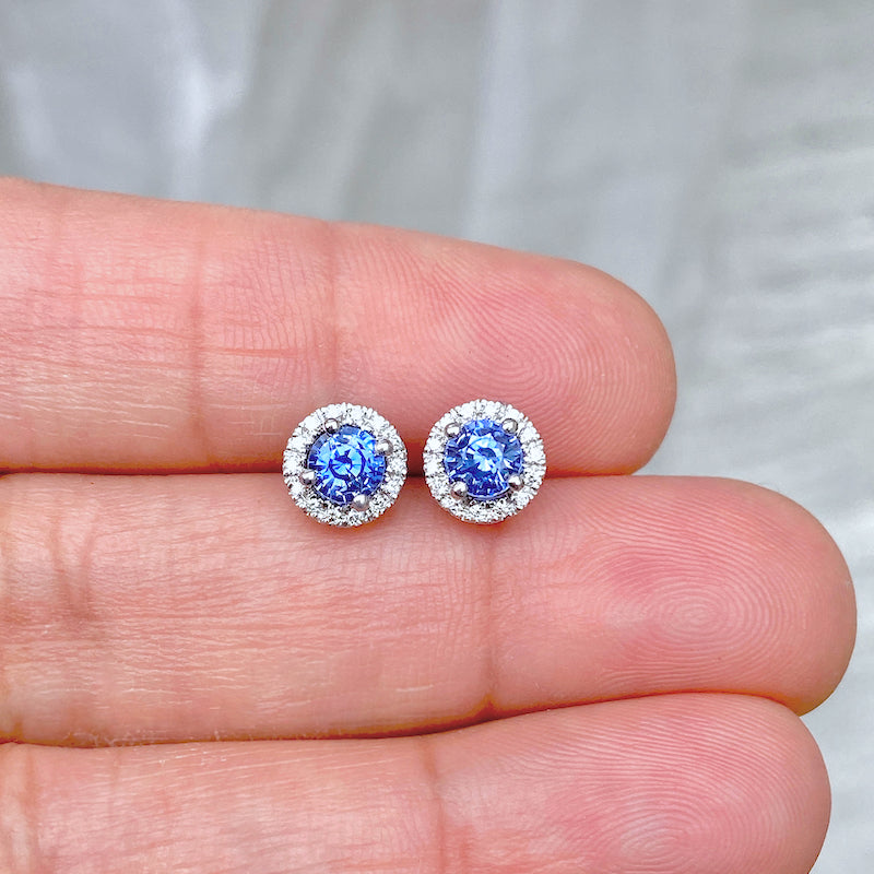Pink Sapphire Stud Earrings Diamond Halo 18k Gold