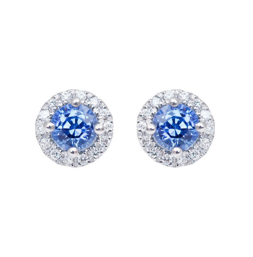 Blue Sapphire Diamond Halo Earrings | 18k Gold Luxury Earrings