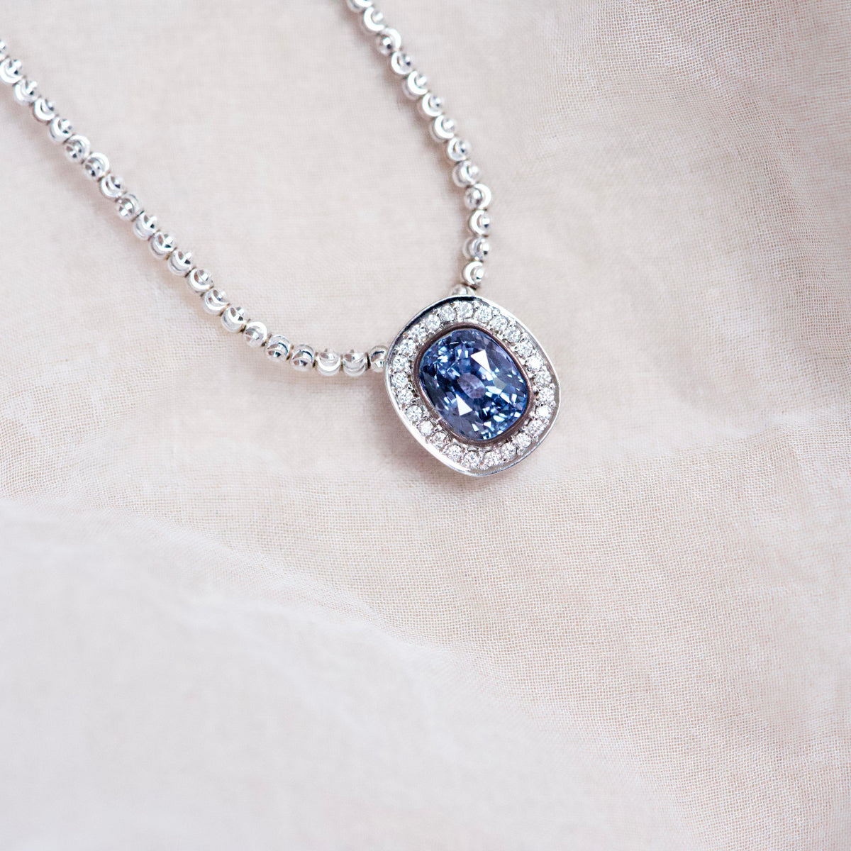 Large Ceylon Blue Sapphire Cushion Diamond Halo White Gold Pendant