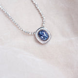 Large Ceylon Blue Sapphire Cushion Diamond Halo White Gold Pendant