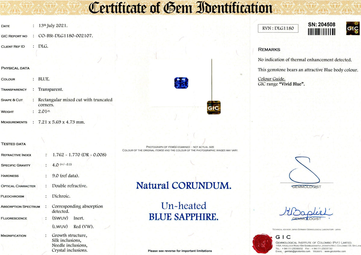 2.01 ct Vivid Blue Sapphire Radiant Cut Natural Unheated