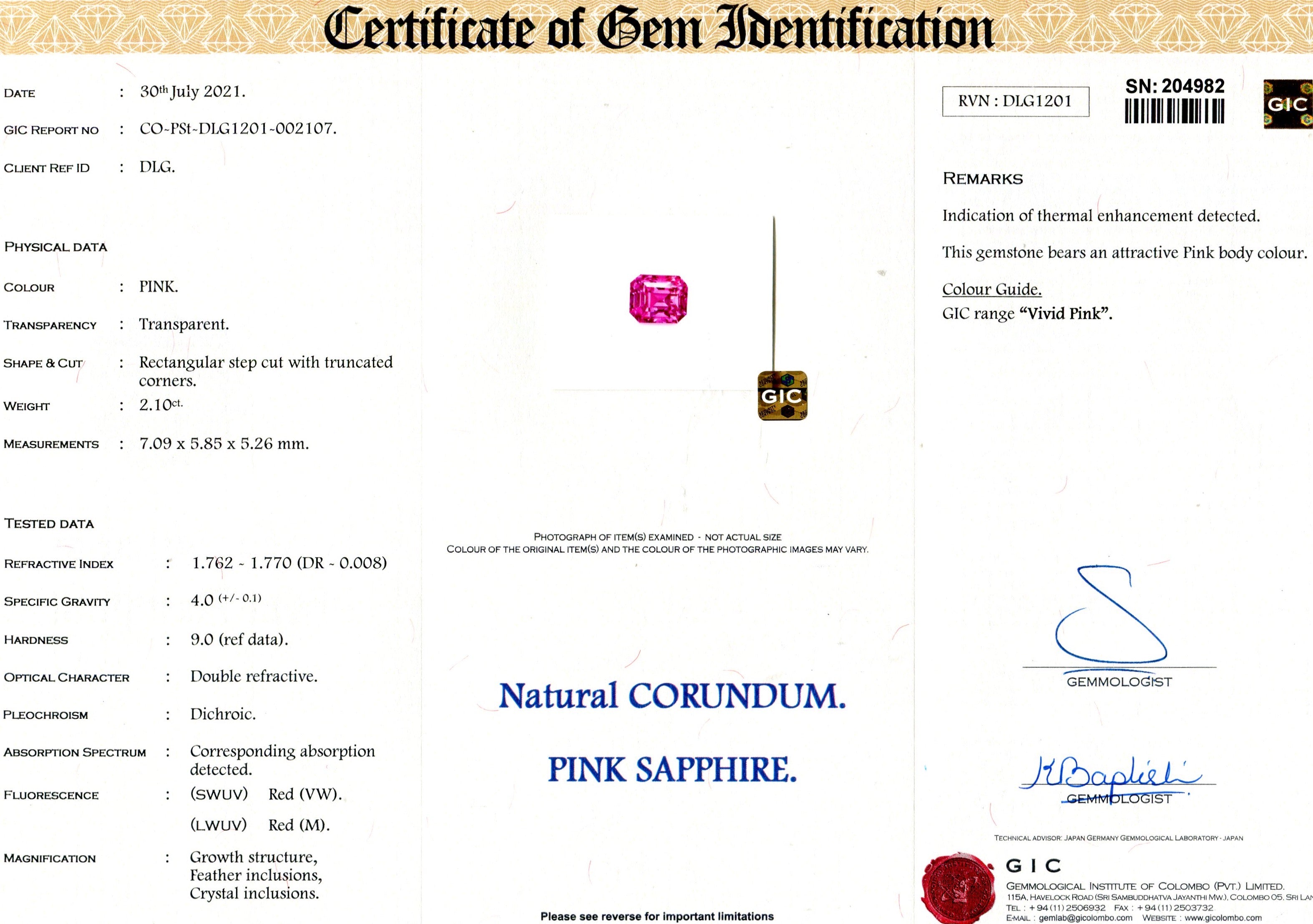 2.10 ct Vivid Pink Sapphire Emerald Cut Natural Heated