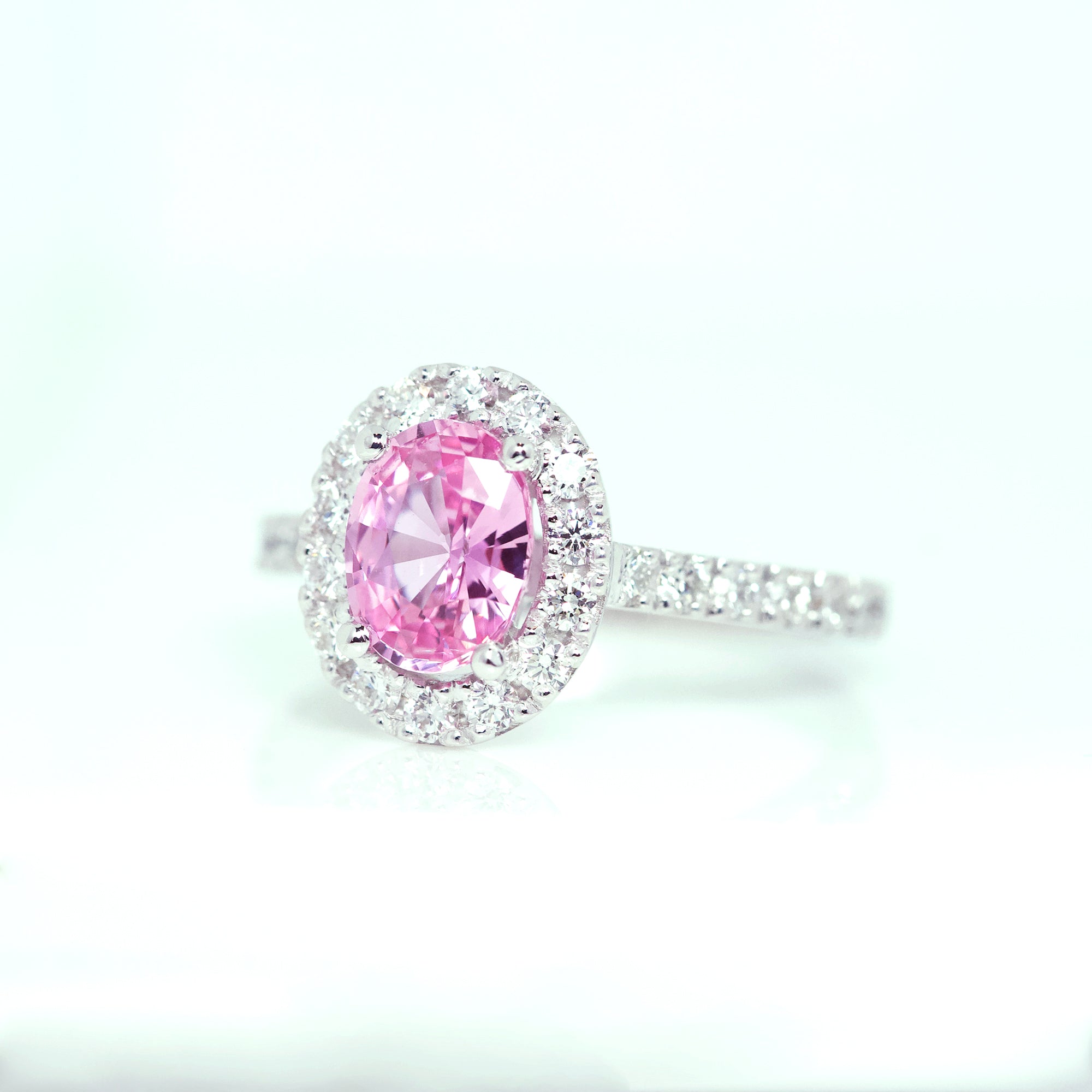 Oval Pink Sapphire Diamond Halo White Gold Ring