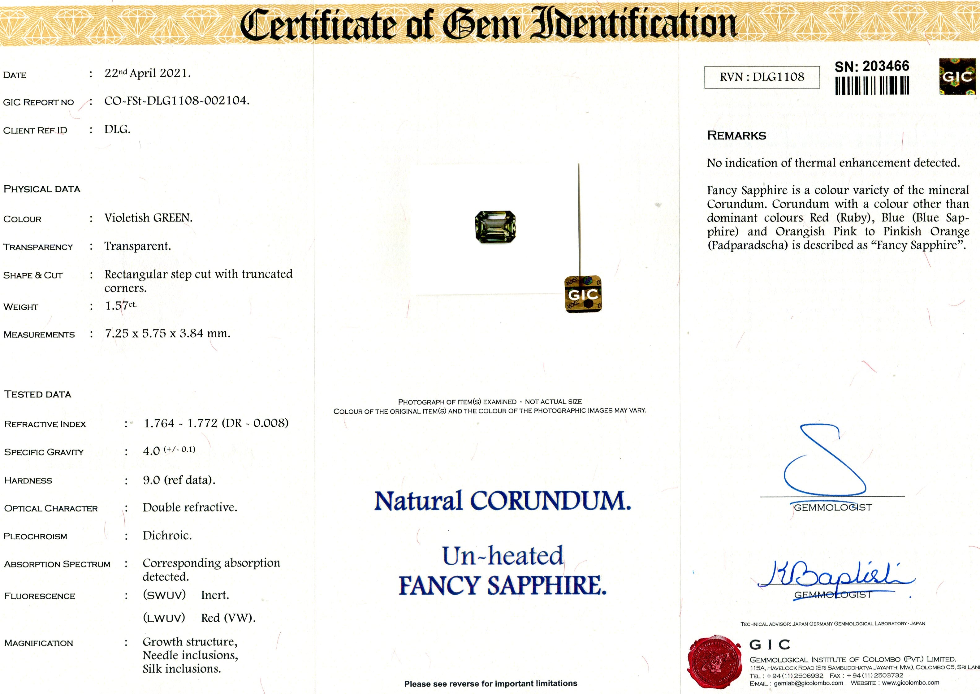 1.57 ct Grey Green Sapphire Emerald Cut Unheated