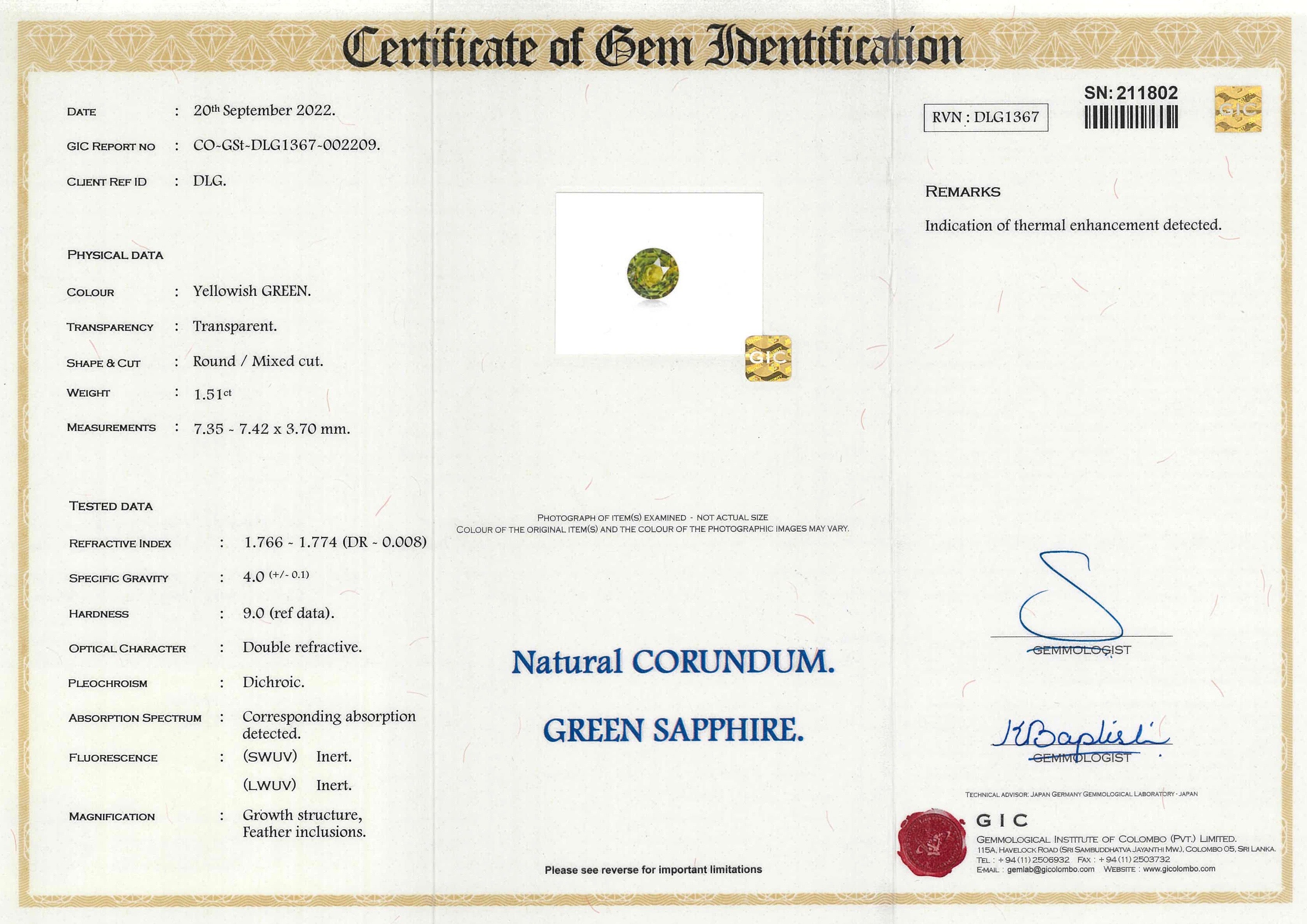 1.51 ct Green Sapphire Round Natural Heated