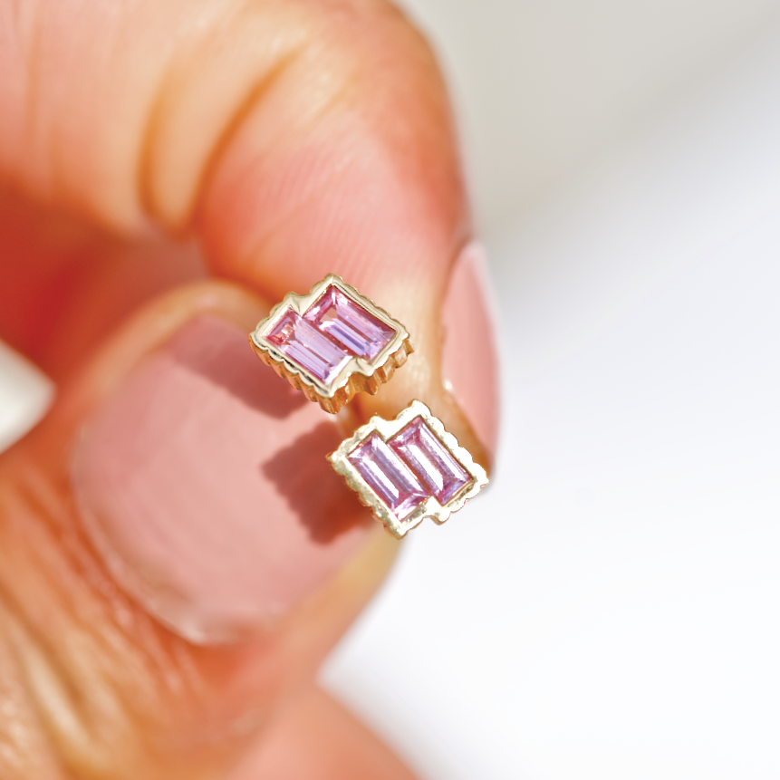 PETRA 18k Yellow Gold Pink Sapphire Baguette Stud Earrings