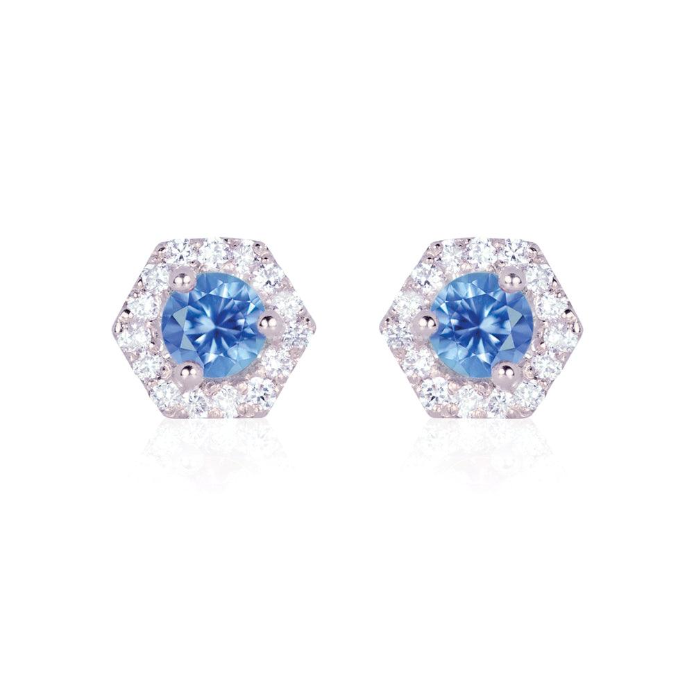 PETRA Mini Blue Sapphire Diamond Halo Studs in 18k Gold