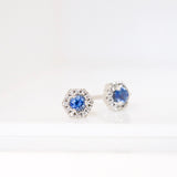 PETRA Mini Blue Sapphire Diamond Halo Studs in 18k Gold