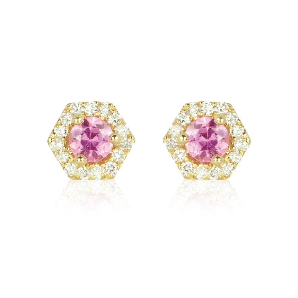 PETRA Mini Pink Sapphire Diamond Halo Studs in 18k Gold