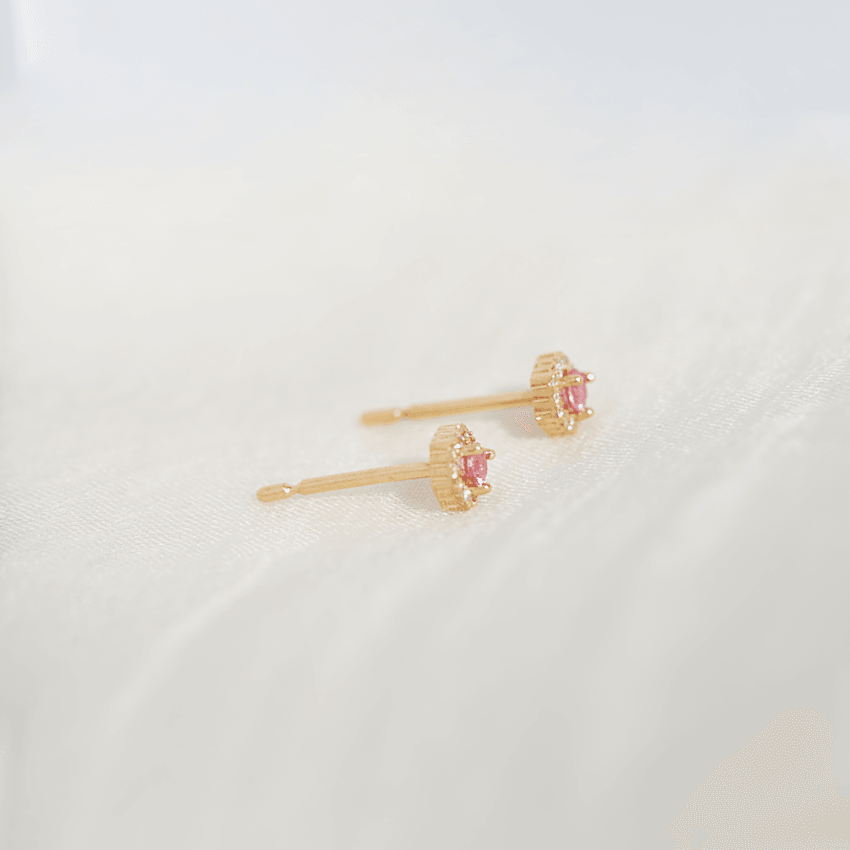 PETRA Mini Pink Sapphire Diamond Halo Studs in 18k Gold