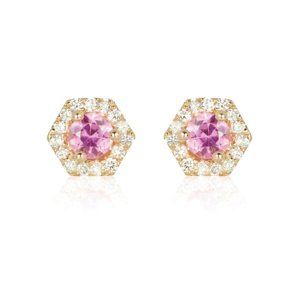 PETRA Mini Pink Sapphire Diamond Halo Studs in 18k Gold