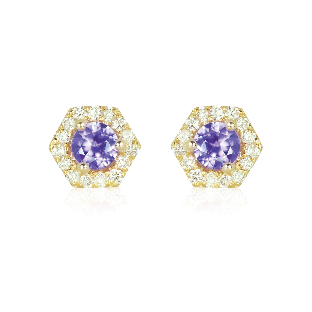 PETRA Mini Purple Sapphire Hexagon Diamond Halo Stud Earrings in 18k Gold