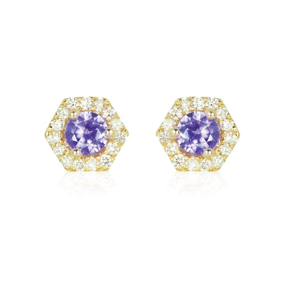 PETRA Mini Purple Sapphire Hexagon Diamond Halo Stud Earrings in 18k Gold