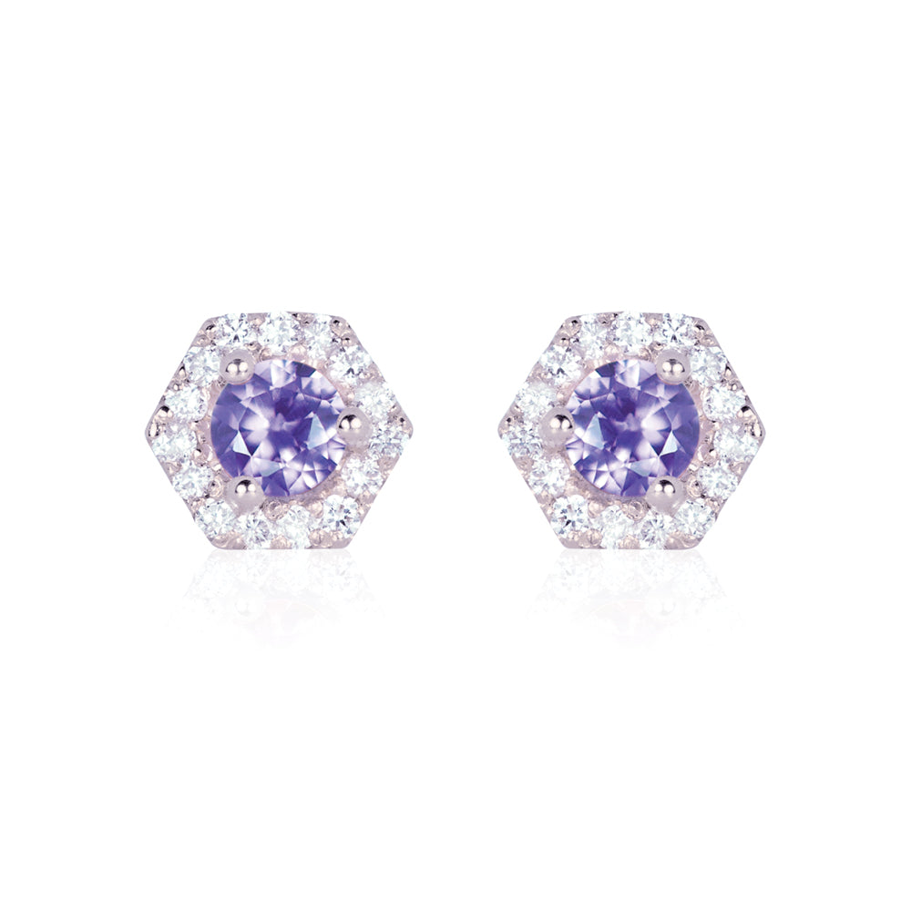 PETRA Mini Purple Sapphire Hexagon Diamond Halo Stud Earrings in 18k Gold