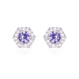 PETRA Mini Purple Sapphire Hexagon Diamond Halo Stud Earrings in 18k Gold