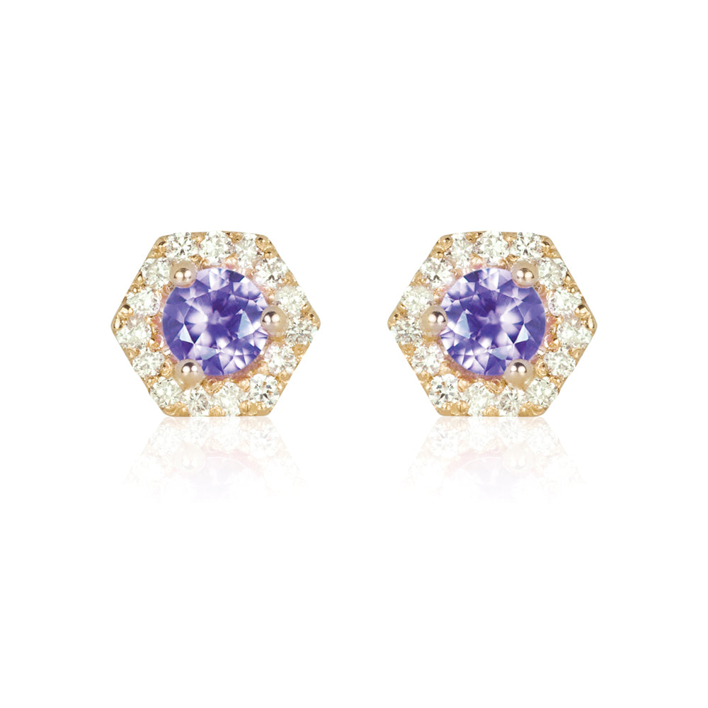 PETRA Mini Purple Sapphire Hexagon Diamond Halo Stud Earrings in 18k Gold