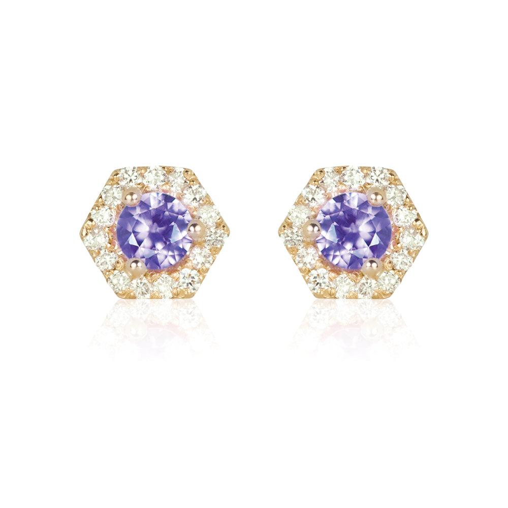 PETRA Mini Purple Sapphire Hexagon Diamond Halo Stud Earrings in 18k Gold