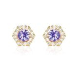 PETRA Mini Purple Sapphire Hexagon Diamond Halo Stud Earrings in 18k Gold