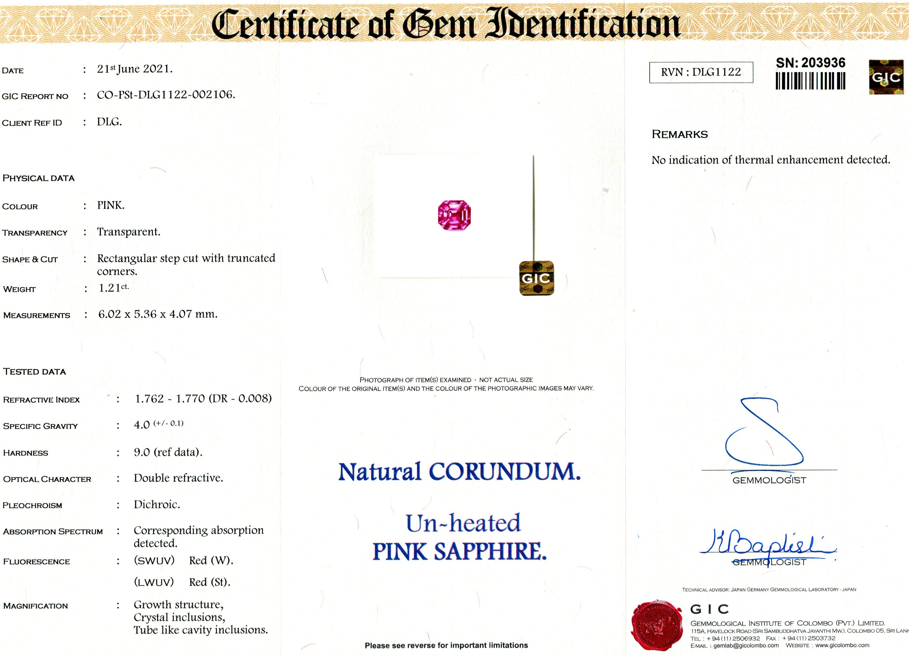 1.21 ct Vivid Pink Sapphire Emerald Cut Natural Unheated