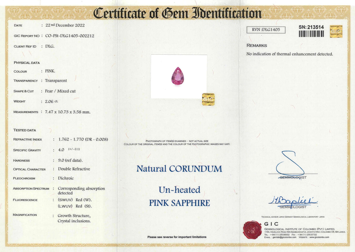 2.06 ct Pink Sapphire Pear Shape Natural Unheated Gemstone